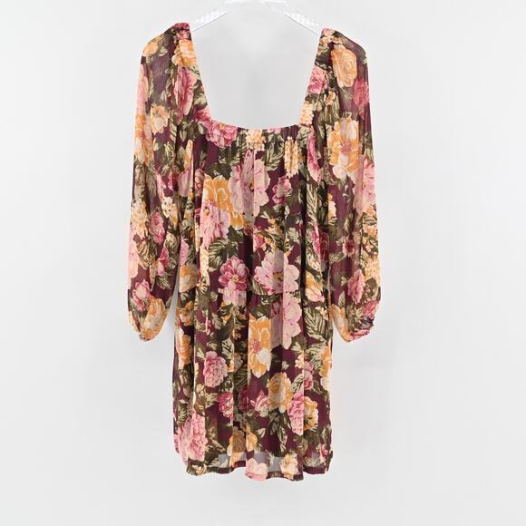 EN CREME Floral Boho Dress Size L Tiered Ruffle Balloon Sleeve Square Neck Retro - Picture 2 of 13